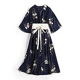 SLATIOM 5XL Japanisches traditionelles Kimono-Kleid Frauen Mädchen Yukata Streetwear Gürtel Blumendruck Plus Size V-Ausschnitt Vintage-Stil Obi Navy (Color : Navy, Size : XXXL Code)