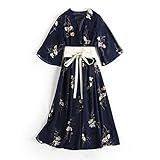 SLATIOM 5XL Japanisches traditionelles Kimono-Kleid Frauen Mädchen Yukata Streetwear Gürtel Blumendruck Plus Size V-Ausschnitt Vintage-Stil Obi Navy (Color : Navy, Size : XXXL Code)