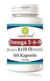 NKO Krillöl Omega 3-6-9 Kapseln Hochdosiert - 60 Stk. 500mg Krill Öl Kapseln mit Astaxanthin - Nahrungsergänzungsmittel reich an EPA DHA - Kein Quecksilber wie bei Fischöl Kapseln - Hohe Bioverfügbark