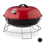 Relaxdays Kugelgrill, tragbar, mit Deckel, leckeres BBQ, Picknickgrill mit großer Grillfläche, Holzkohle, Ø36cm,