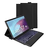 Beleuchtete Tastatur Hülle für Samsung Galaxy Tab S7+, Abnehmbare Bluetooth QWERTZ Tastatur mit Schutzhülle für Samsung Tablet S7 Plus 12,4 Zoll 2020 (SM-T970/T975/T976),DE Layout,Schw