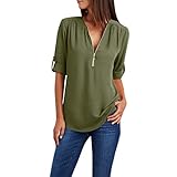 Finetyu Damen Bluse V-Ausschnitt Chiffon Hemden Elegant Langarm Casual Arbeit Oberteile mit Knöpfen Tops Langarmshirt Frauen Zipper Button Long Sleeves Lose S