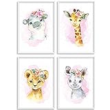 HappyArts | Kinderzimmer Bilder A4 Poster 4er Set Deko Mädchen Junge Babyzimmer | Aquarell Safari Tiere Blume Dschungel OHNE RAHMEN