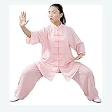 Jiu Bu Traditionelle Kampfkunst Leinenhemd, Kung Fu Tai Chi Wushu Klassisch Frauen Dreiviertel-Ärmelläng Hemd Hose Training Uniform Sommer Freizeit Kleidung (Bringt einen Fan) Pink-L
