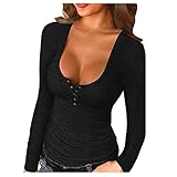 Basic Crop Tops Damen Langarm Sexy Party Langarmshirt Tief V-Ausschnitt T-Shirts Casual Blusen Slim Fit Shirts Einfarbig Elegante Oberteile Tops Leicht Shaper Top Partytop