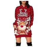 Briskorry Damen Weihnachten Drucken Lässiges Kleider Weihnachtskleid Christmas RundhalsKleider Lange Ärmel Hoodies Sweatshirts Kleid Mit T
