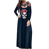 Damen Maxi Kleid Halloween Skaterkleid mit Totenkopf-Rosen-Print Sexy Low-Cut Schulterfreies Swingkleid Langärmliges Sommerkleid mit O-Ausschnitt Party Kleid Strandk