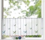 Scheibengardine Panneaux Stickerei Applikation Schmetterling in grün blau türkis HxB 45x150 cm Gardine Voile in weiß chic Bestickt Typ328