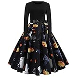 VICIKON Halloween Kostüm Damen kürbis Vintage,Elegant Tunika Kleid,Halloween Kostüm Cocktailkleid Party Kleid,Damen Halloween Midi Kleid Swing Rockabilly Dress,Retro Elegant Lange Ä