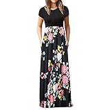 LOPILY Damen Sommerkleider Böhmischen Strand Blumendruck Bodenlänge Maxikleid Abendkleider Herrlich Blüte Drucken Hoher Taille Kleider Partykleid Sommer T-Shirt Kleid(X3-Rot,DE-40/CN-L)