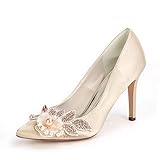 Brautschuhe Frauen Seide Wie Satin Stöckelabsatz Absatzschuhe Mit Stich Spitzen Blume Kristall Perle,Champagne,36 EU