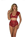JaniHan Damen V- Ausschnitt Spitze Blume Hohl Mesh Sexy eng anliegende Zweiteilige sexy Wäsche (Color : Red, Size : L)