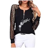 Pailetten Oberteile DamenFrauen V-Ausschnitt Sexy Spitze Langarm T-Shirts Lässige Lose Schädel Flügel Liebe Herz Print Blusen T-Shirt Mode Patchwork T Tops Geschenk für Teen G