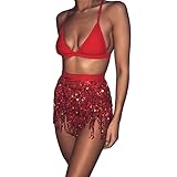 Qtinghua Women Sexy Sparkly Belly Skirt Boho Tassel Sequined Fringe Mini Skirt with Adjustable Waist Straps Mini Skirt for Festival Performance Party (Red, One Size)