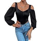 Damen Y2k Langarm T-Shirt Schulterfrei Puffärmel Korsett Top Vintage V-Ausschnitt Front Snap Slim Crop Top Ästhetisches Crop Tee (Schwarz, S)