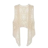 Berax Damen Bluse Lace Häkel Tops Weste Baumwolle Cardigan Hippie Häkeln Hohl Spitze Irregular Boho Weste Bluse (Beige)