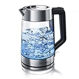 Arendo - Glas Wasserkocher mit LED Innenbeleuchtung - 1,7 Liter - Teekocher - Wasseraufbereiter - Wasserkessel - 2200 Watt – integrierter Kalkfilter - kabellos – blaue LED Beleuchtung - E