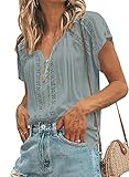Uusollecy Damen Sommer Chiffon T-Shirt Hemd Hohle Hemden Elegant Kurzarm Sexy Oberteile V Ausschnitt Kurzarm Shirt mit Spitze Shirts Tops Sommer Blusen Grau L