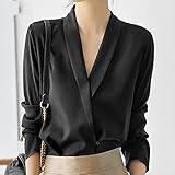 CWENROU Lässiges Damenhemd - Mode Langarm Damen Schwarzes Hemd Top Casual Frühling Und Herbst Büro Damen Retro V-Ausschnitt Chiffon Top Schlank Einfach Elegant Business Party Geschenk,Schwarz,XL