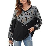 Herbst Und Winter Casual Fashion Damen V-Ausschnitt UnregelmäßIge NäHte Leopard Print Langarm Pullover Lose Pullover T-Shirt Top D