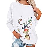 Komiseup Weihnachten Sweatshirt Damen Pullover Rundhals Langarmshirt Rotnasenrentier Bedrucktes Oberteil Tops Herbst Freizeit T-Shirts Bluse Casual Lose Christmas Drucken Pulli Ob