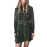 iyoimono Damen Langarm Stehkragen Blusenkleid Bindegürtel Dunkelgrüner bedruckter Pfauenwald-Druck Chiffonrock Damen A-Linien Kurz Lässiges Kleid（Dunkelgrün，XS