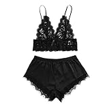 Fannyfuny Damen Sexy Spitze Pyjamas Dessous Set Erotik Dessous Satin Unterwäsche Babydoll Nachtwäsche Kurz Schlafanzug Spitze Pyj