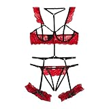 IFOUNDYOU Sexy Dessous Damen für Sex Erotische Spitze Dessous-Set mit Bein Ring Push Up V-Ausschnitt BH und String Tanga Set Spaghettiträger Höhe Taille Unterwäsche Teddy Babydoll für Frauen 3 T