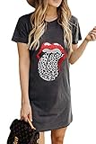 Uusollecy Damen Sommerkleid, Tshirt Kleider Damen Rundhals Kurzarm Minikleid, Lippe Leopard Gedruckt Casual Lose Freizeitkleid Bluse Kleider Für Frauen Teen Girls Grau M