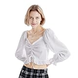 Y2 Damen Strickbluse mit Rüschen und quadratischem Ausschnitt, Puffärmel, Kordelzug, weiß, M