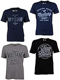 MUSTANG Herren T-Shirt 4er Pack Frontprint O-Neck Rundhalsausschnitt Kurzarm Regular Tee Shirt 100% Baumwolle Schwarz Weiß Grau Blau, Größe:S, Farbe:Farbmix (P11)