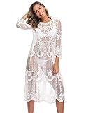 comeondear Damen Strandkleid Sommer Spitzen Transparent Langarm Bikini Cover Up Gestrickte Sommerkleid Badeanzug Beachwear Weiß