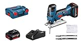 Bosch Professional GST 18V-LI S (inkl. 2x 4.0 Ah Akku + Ladegerät, 3x Sägeblätter für Holz, Abdeckhaube, 1/1 L-BOXX-Einlage, L-BOXX 136)