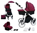 Skyline 3in1 Kombi Kinderwagen mit einem Aluminium Gestell, Babywanne, Sport Buggyaufsatz und Babyschale (ISOFIX) (Rotwein)