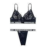 Yuebing Damen Sexy Dessous Erotische Brief BH Höschen Schwarze Spitze Musselin Unterwäsche Set Erogen Easy Off Tanga Anzug Uniform Süße Schleife Nachtwäsche Erogene G-String