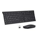 Kabellose Tastatur und Maus Set Ultradünn, 2.4G Wireless Wiederaufladbare Maus Tastatur, Flache Funktastatur mit Deutschem Layout für Windows, PC, Laptop, Smart TV, Schw