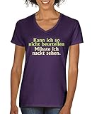 Comedy Shirts - Kann ich so nicht beurteilen, müsste ich nackt sehen. - Damen V-Neck T-Shirt - Lila/Hellgrün-Beige Gr. XL