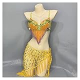 BQYQFXX Frauen Bauchtanz Suite Perlen Pailletten BH + Lange Quaste Hip Schal 2 stücke Set Samba Costumes Club Night Dance Wear (Color : Orange, Size : Bra 38C)