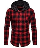 Cyiozlir Herren Kariert Hemd Kapuzenpullover Langarm Hooded Freizeithemd Karohemd Flanellhemd mit Kapuze (Rot_A112,XX-Large)