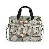 Laptoptasche mit Buchstaben, Herzen, Rosen, Holz, Aktentaschen, Computer-Tragetasche, 40,6 cm (16 Zoll), Schutzhülle mit Griff, mehrere Taschen, niedliches Desig