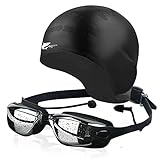 flintronic Schwimmbrille, mit Ohrstöpseln & Nasenclips & Badekappe UV-Schutz Schwimmbrille mit Anti-Beschlag, wasserdicht für Herren & D