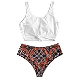 ZAFUL Damen-Bikini mit hoher Taille, U-Ausschnitt, zweiteiliger Badeanzug, Weiß&Schokolade-Paisley, M