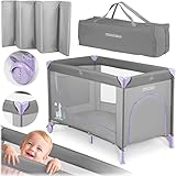 RICOKIDS Reisebett Kleinkinderbett, tragbar, Laufstall, 125x65x78cm, 15 kg Belastbarkeit, faltbar, zwei Räder mit Bremsen, abnehmbarer Seiteneingang, Matratze, Tasche, Hellgrau und L
