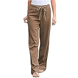 HFStorry Damen Einfarbig Baumwolle und Leinen Lässige Lange Hose mit Weitem Bein Damen Hose Aus Baumwolle und Leinen mit Kordelzug Regular Lose Casual H