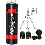 GIKPAL Boxsack, 4FT Boxsack Hängend Punchingsäcke Set Ungefüllt Boxing Bag mit Drehhaken, Handschuhe & Riemen für Erwachsene Kickboxen, MMA, BJJ, Muay Thai, Fitnesstraining zu H