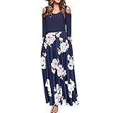 LSFYSZD Damen Maxikleid mit Taschen Sommer Blumendruck Rundhals Kalte Schulter Langarm Langes Kleid, Weiße Blume auf Blau, M