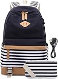 Schulrucksack Mädchen Teenager Streifen Schultasche Segeltuch Rucksack mit 15.6 Zoll Laptopfach mit USB Ladeanschluss und Geldbeutel Tasche 2 Stück Schw