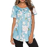 DOMBX Damen Shirts Sommer Kurzarm O-Ausschnitt Blumenmuster Dip-Saum Boho Retro T-Shirt Oberteile Blusen Frauen Lässig Mode Einfach Knöpfe Chiffon übergroßes Tunika Tops Sweatshirt Bluse H