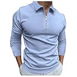 Polos Shirt Herren Casual Zipper Umlegekragen Bluse Streifen Printed (XXL,Hellblau)