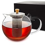 GLASWERK Teekanne Glas (1,8L) - Teekocher mit Teesieb aus rostfreiem Edelstahl - Teebereiter Glaskanne mit Deckel und edlem Holzg